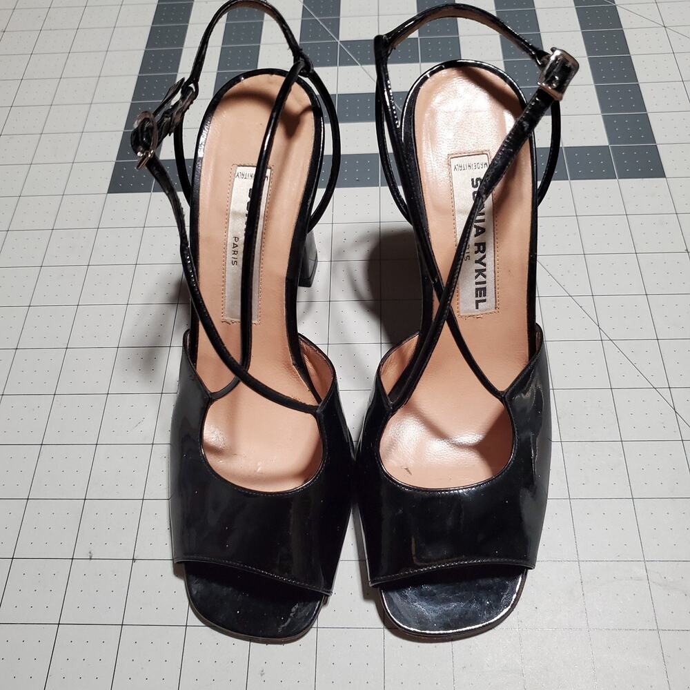 VTG Italian Sonia Rykiel Black Patent Leather Open Square Toe Block Heels Sz 6